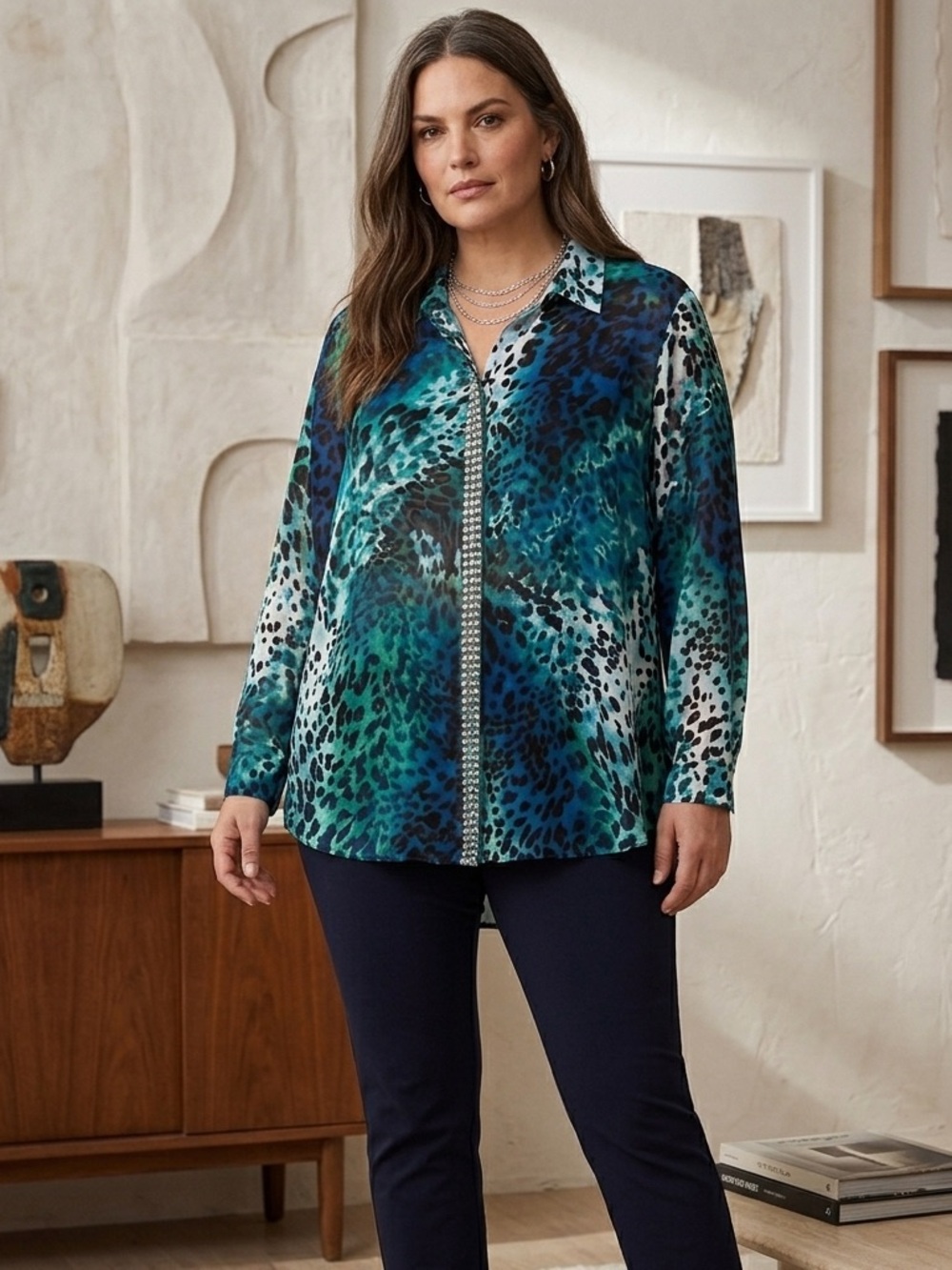 Chico's Leopard Print Blouse Rhinestone Embellished Teal Blue Size 3 (XL)